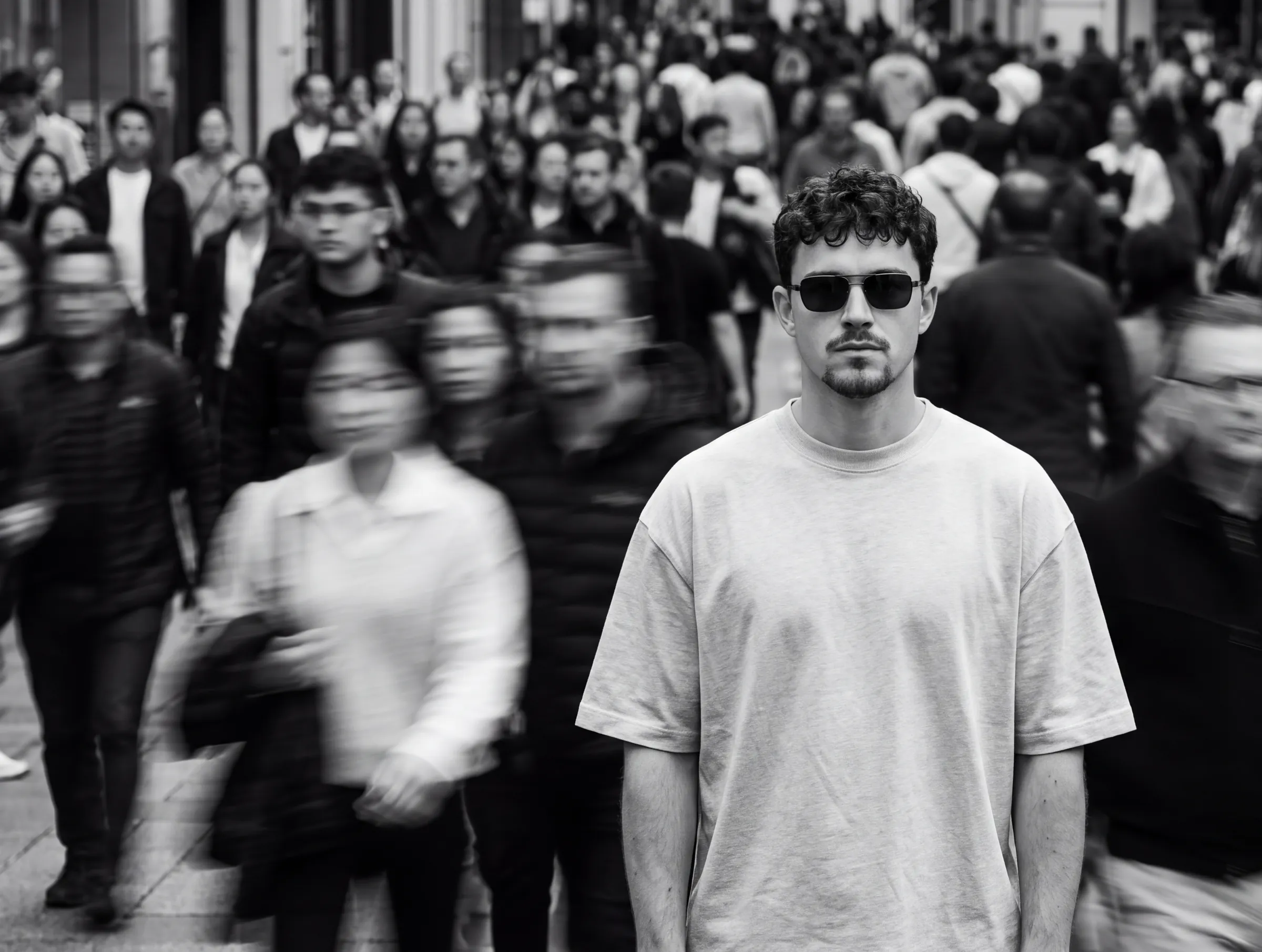 Marcus Volsted standing still and in focus while a crowd blurs past him